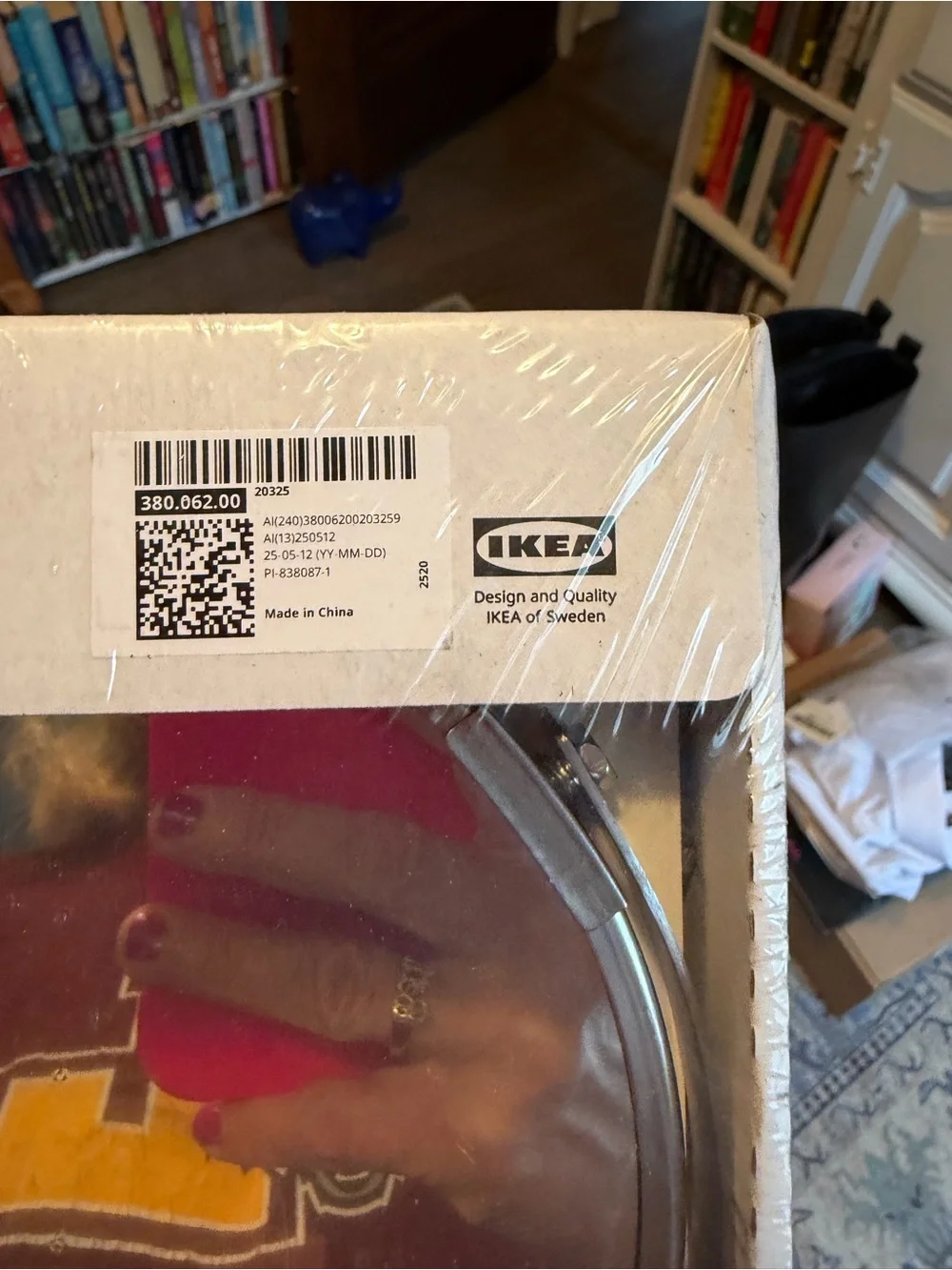 IKEA round mirror in white and silver packaging